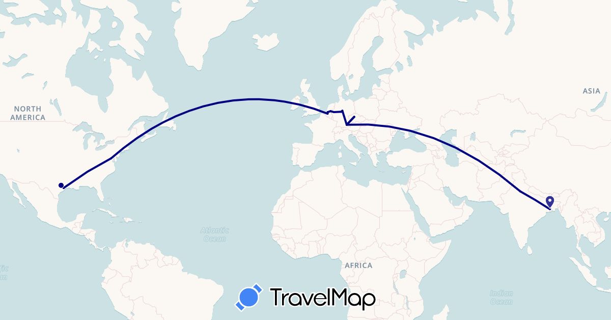 TravelMap itinerary: driving in Belgium, Czech Republic, Germany, India, Netherlands, United States (Asia, Europe, North America)